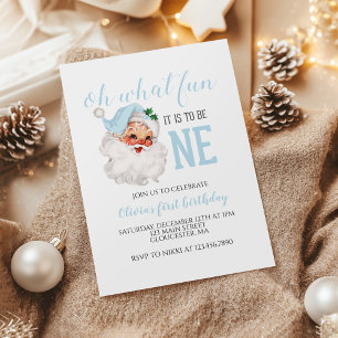 Invitation Noël bleu Père Noël premier anniversaire