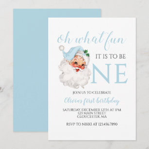 Invitation Noël bleu Père Noël premier anniversaire