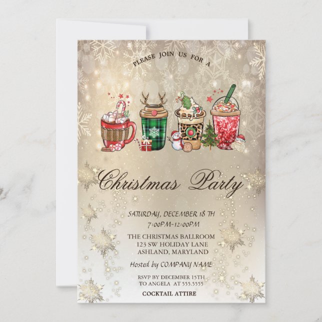 Invitation Noël Boissons Snowflakes Gold Christmas (Devant)