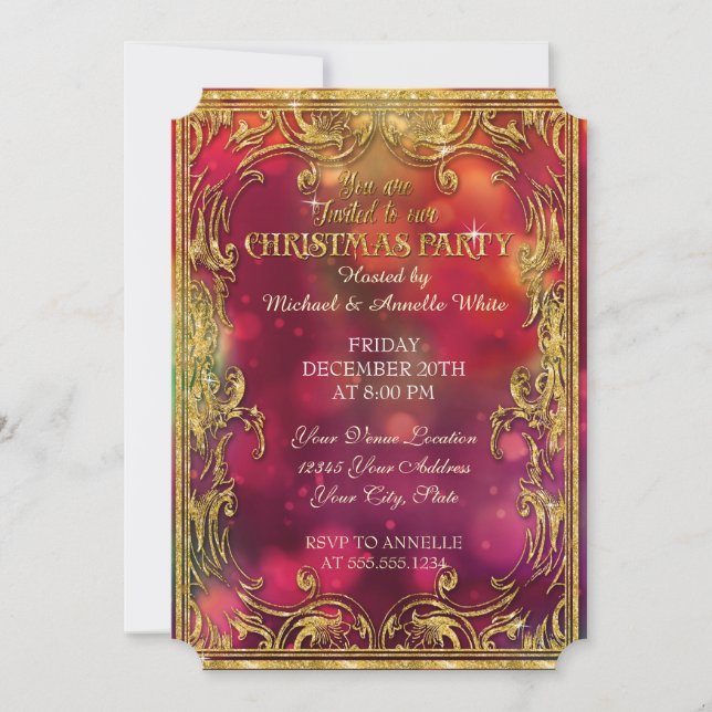 Invitation Noël Bokeh Gold Parties scintillant  Étincelle Inv (Devant)