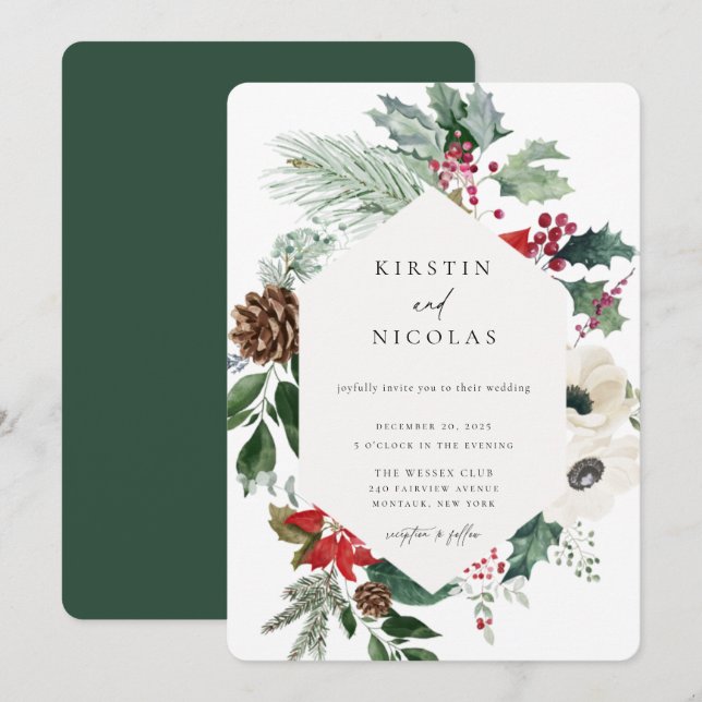 Invitation Noël botanique Mariage hivernal chic (Devant / Derrière)