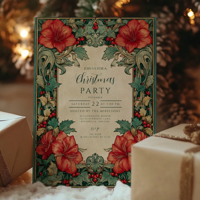 Invitation Noël botanique vintage Red Amaryllis (Créateur téléchargé)