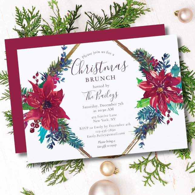 Invitation Noël Brunch Chic Rouge Floral | Fête de vacances (Créateur téléchargé)