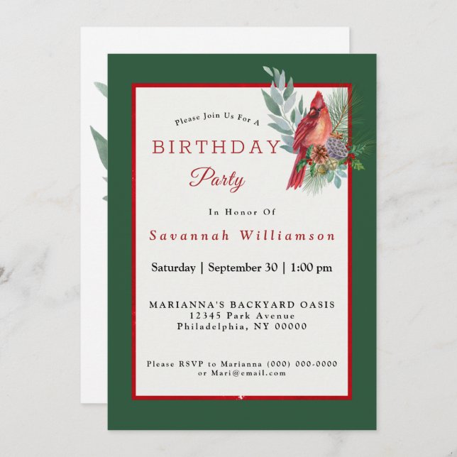 Invitation Noël Cardinal Rouge Vert Anniversaire (Devant / Derrière)