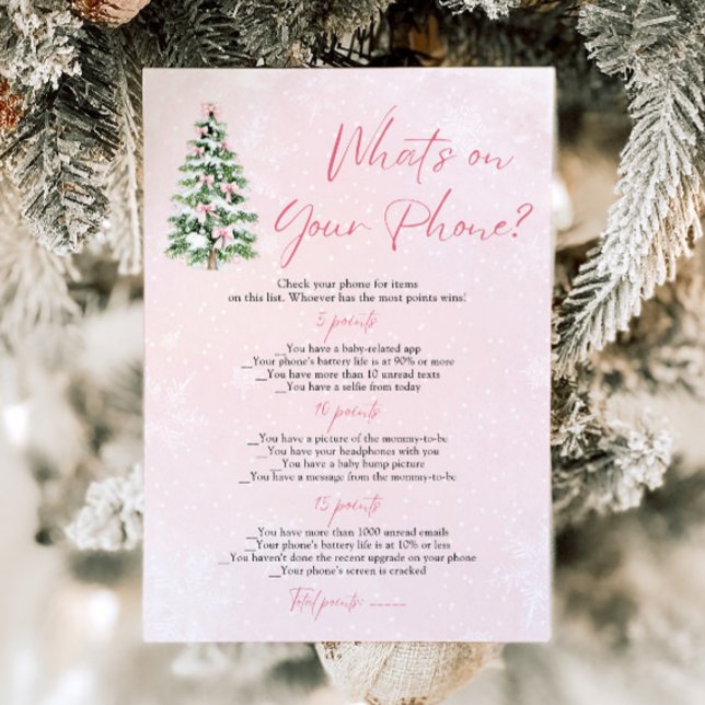 Invitation Noël Ce qui est sur votre Baby shower de téléphone (Pink Bow Christmas What's on Your Phone Baby Shower Game)