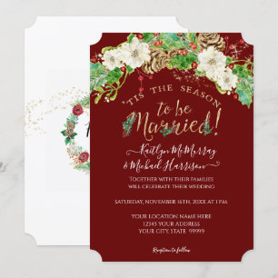Invitation Noël C'est la saison Holly Floral Mariage or
