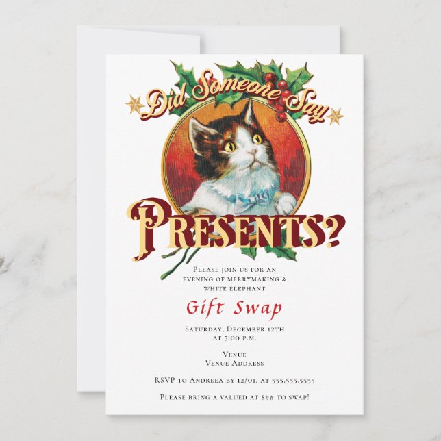 Invitation Noël Chat échange cadeau de Noël Noël Fête de la s (Devant)