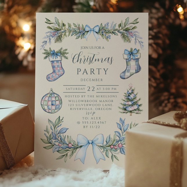 Invitation Noël Chaussette Gingham Bleu (Créateur téléchargé)