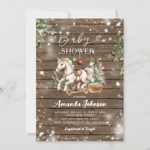 Invitation Noël Cheval Rocheux Baby shower rustique en bois