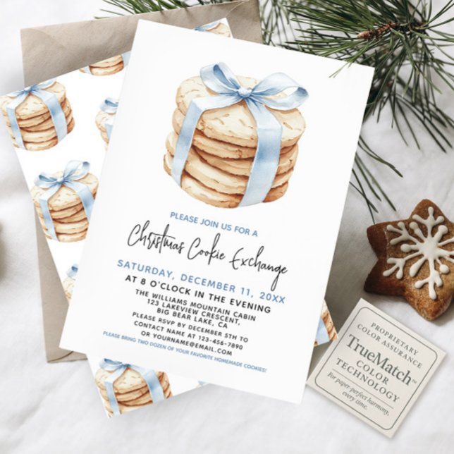Invitation Noël Cookie Exchange Party Cute Blue Bow (Créateur téléchargé)