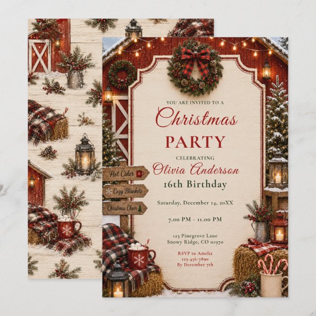 Invitation Noël de ferme rustique seize (Devant / Derrière)