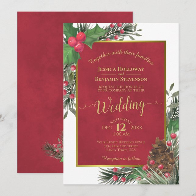 Invitation Noël de Noël élégant Holly & Pine Mariage d'hiver (Devant / Derrière)