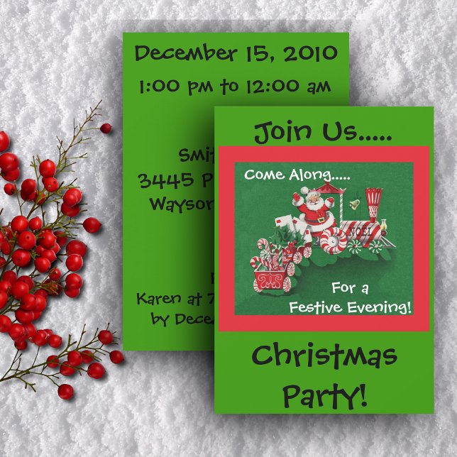 Invitation Noël de père Noël Candy Train (Santa riding a peppermint candy train on green and red Christmas party invitations.)
