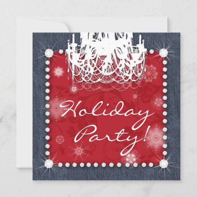 Invitation Noël Denim Diamants Mariage Lustre Floral Rouge (Devant)