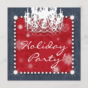 Invitation Noël Denim Diamants Mariage Lustre Floral Rouge