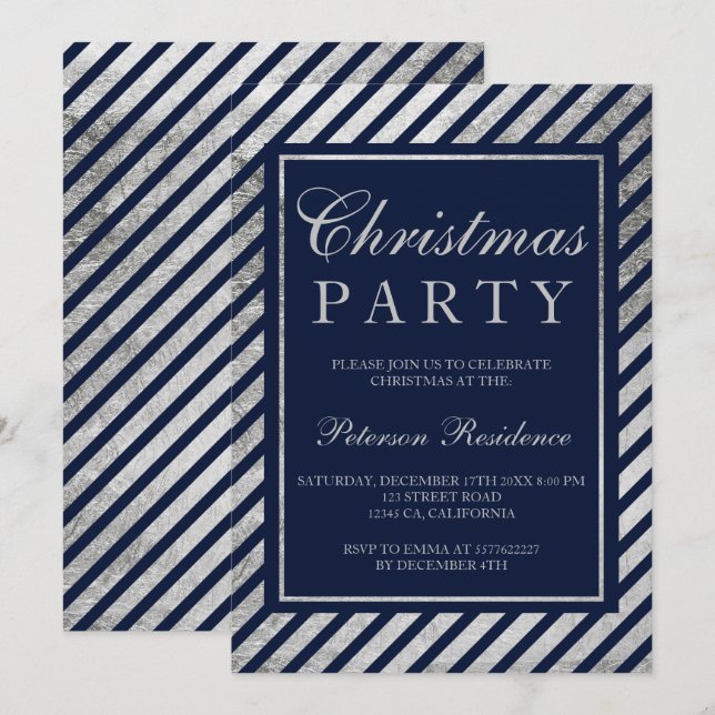 Invitation Noël d'entreprise à rayures bleues de la marine (Devant / Derrière)