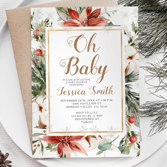 Invitation Noël d'hiver Baby shower floral Flammes de neige (Créateur téléchargé)