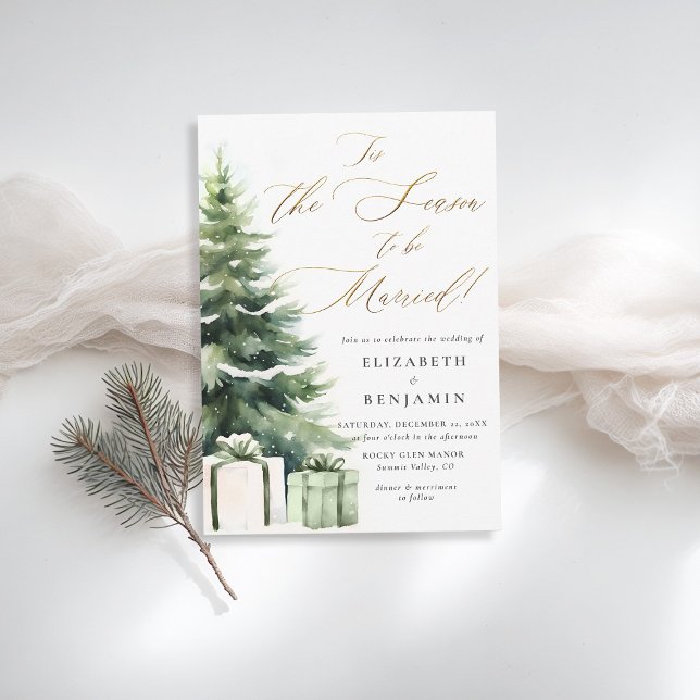 Invitation Noël d'hiver Marié saison Mariage élégant (christmas wedding invitation pine tree season to be married gold calligraphy modern rustic elegant)