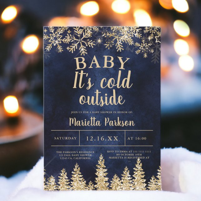 Invitation Noël d'hiver or pin naval  shower de bébé (Winter Christmas gold snow pine navy baby shower Invitation)