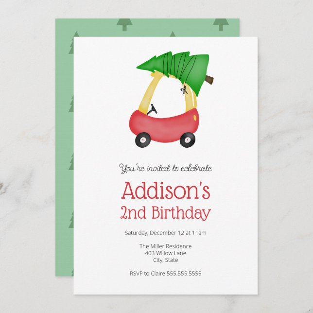 Invitation Noël d'hiver Petite voiture rouge avec arbre Anniv (Devant / Derrière)