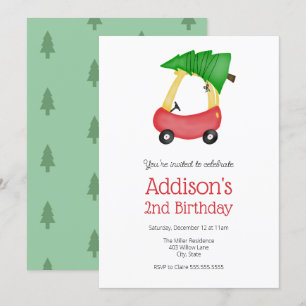 Invitation Noël d'hiver Petite voiture rouge avec arbre Anniv