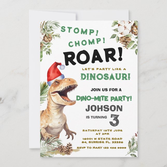 Invitation Noël Dino Stomp Chomp Roar Anniversaire (Devant)