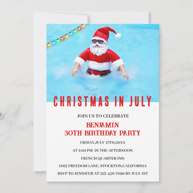 Invitation Noël drôle En Juillet Anniversaire Pool Party (Devant)