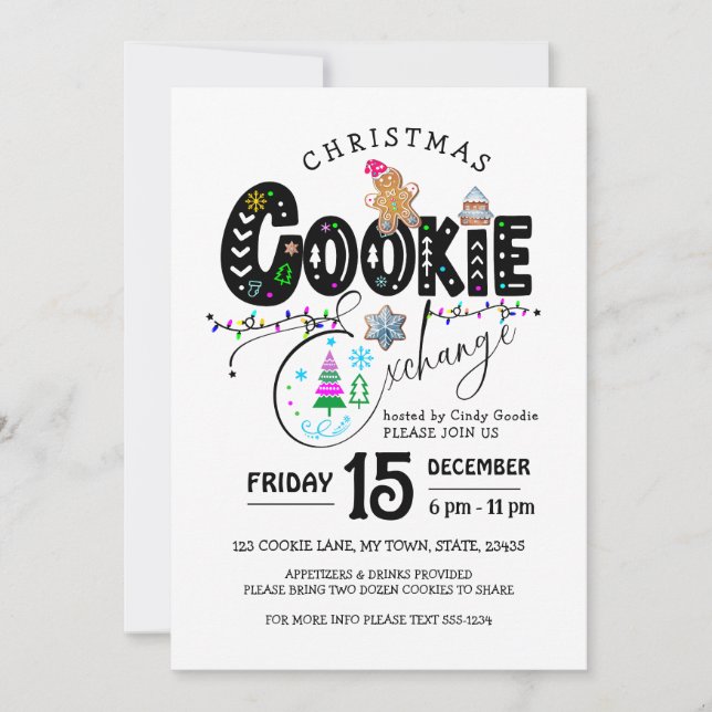 Invitation Noël Échange de biscuits Fêtes colorées (Devant)