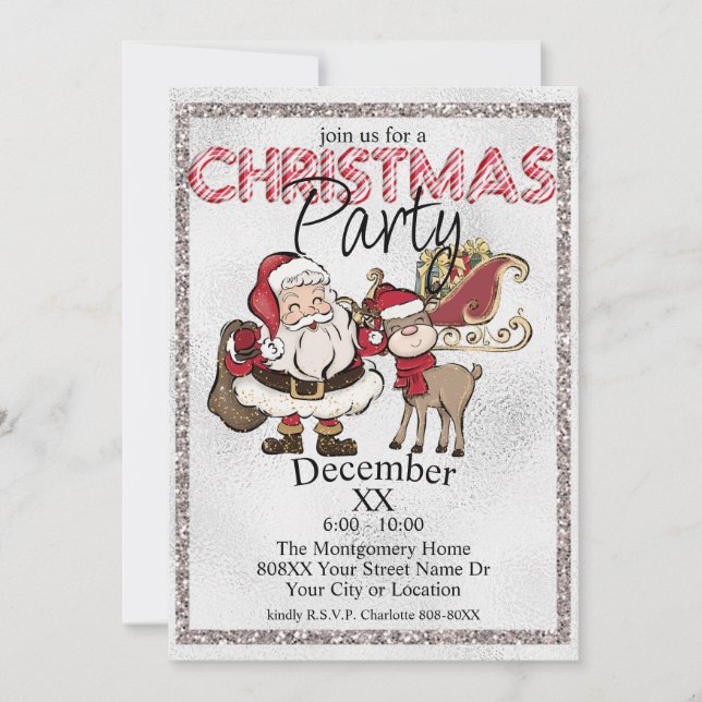 Invitation Noël en argent Père Noël et Rudolph le renne (Devant)