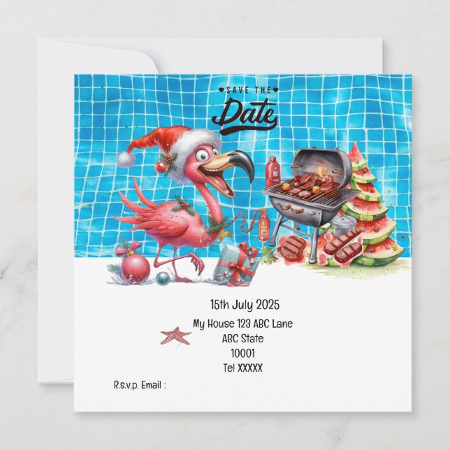 Invitation Noël en juillet Flamant rose Enregistrer la fête d (Devant)