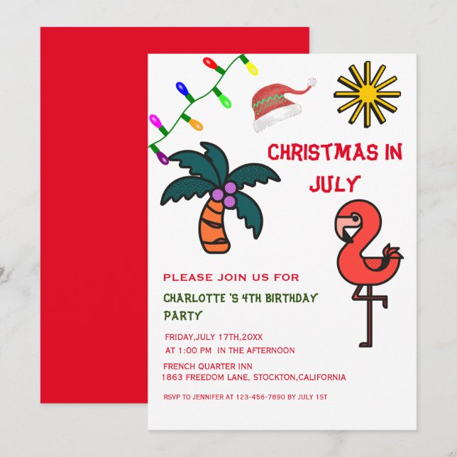 Invitation Noël En Juillet Flamant rose Fête Été Anniversaire (Devant / Derrière)