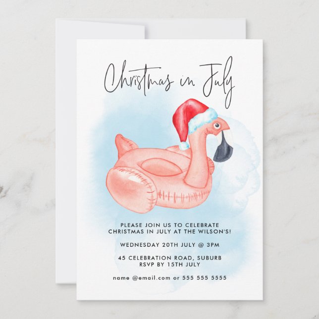 Invitation Noël En Juillet Flamant rose Summer Pool Party Inv (Devant)
