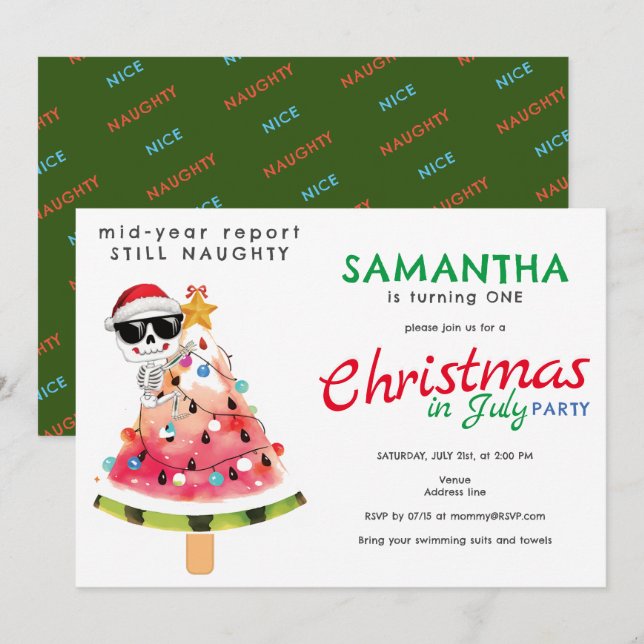 Invitation Noël en juillet Naughty ou Nice Toddler Anniversai (Devant / Derrière)