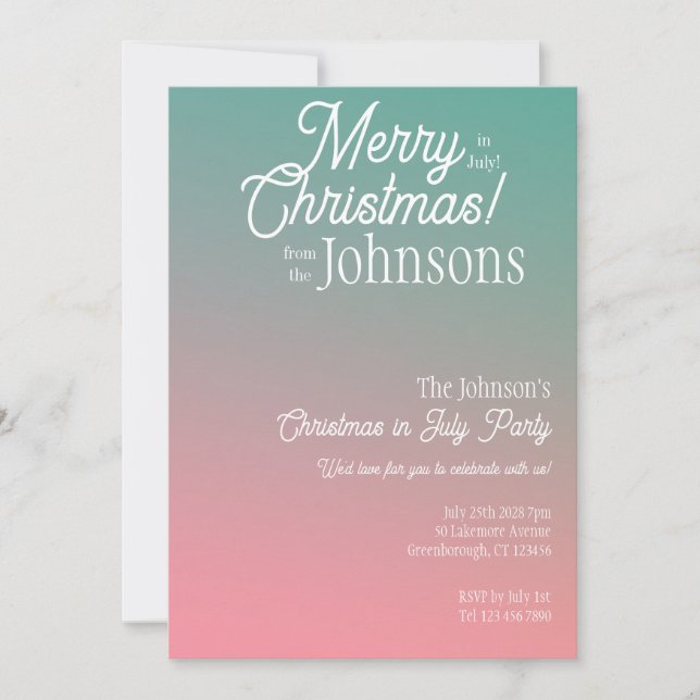 Invitation Noël en juillet Pink Green Ombre Party (Devant)