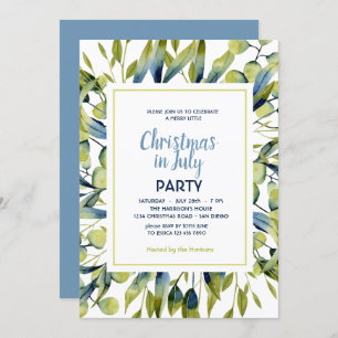Invitation Noël en juillet Vert Bleu Feuille Moderne