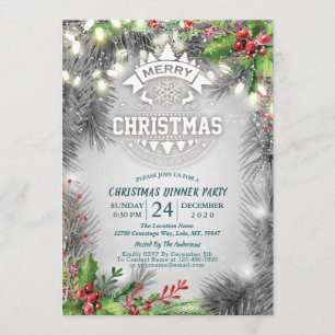 Invitation Noël et Nouvel An Diner Fête Pine Poinsettia