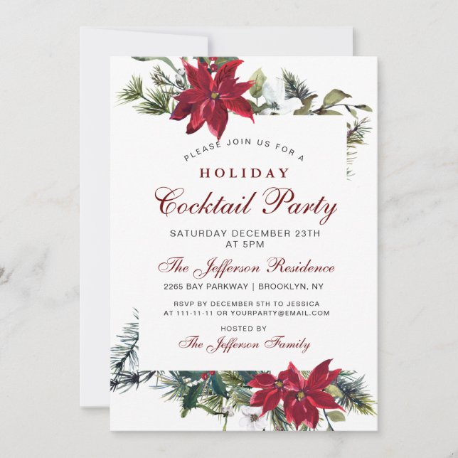 Invitation Noël EVE Rouge Poinsettia Aquarelle Florale (Devant)