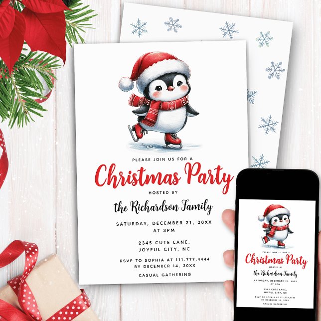 Invitation Noël festif du Patineur de glace de pingouin migno (Créateur téléchargé)