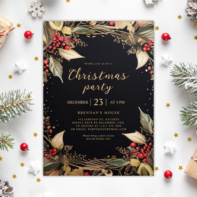 Invitation Noël Fête Botanique Noir Et Or (Christmas Party Botanical Black And Gold Holiday Invitation)