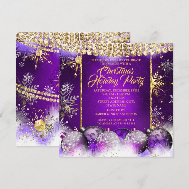 Invitation Noël Fête de l'or pourpre Bauble Neige (Devant / Derrière)