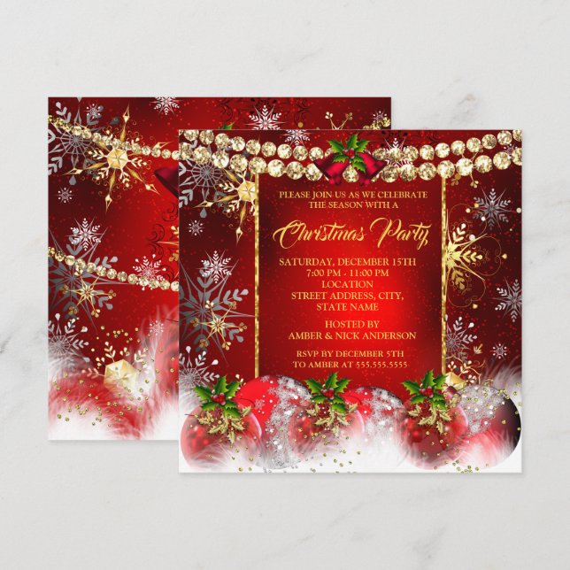 Invitation Noël Fête d'or rouge Baubles Holly (Devant / Derrière)