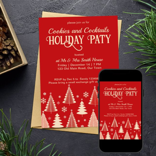Invitation Noël fête du milieu du siècle rétro modèle rouge (Christmas party midcentury retro red with beige trees editable template invitation digital download)