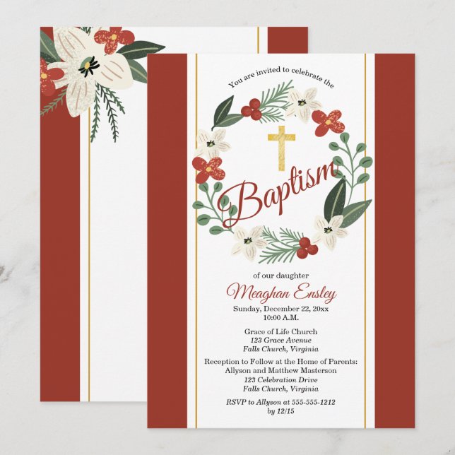 Invitation Noël Fête Florale Wreath Baby Baptism Invit (Devant / Derrière)