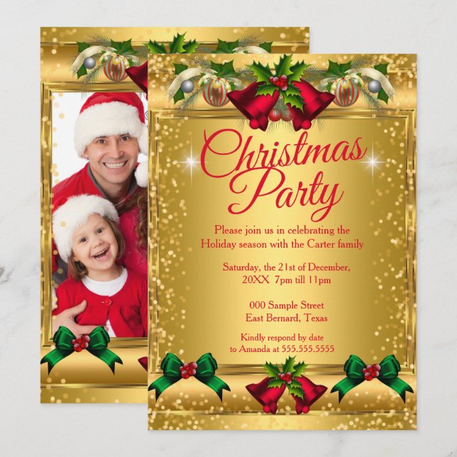 Invitation Noël Fête Photo Gold Rouge (Devant / Derrière)