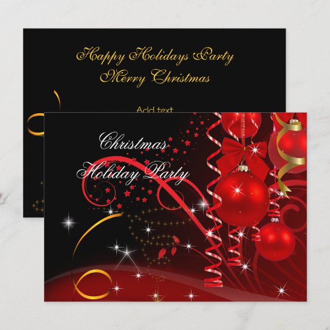Invitation Noël Fête Rouge Black Gold Balls (Devant / Derrière)