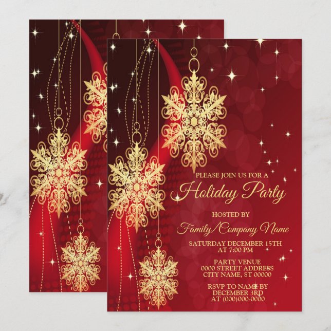 Invitation Noël Fête Rouge Golden Snowflics (Devant / Derrière)