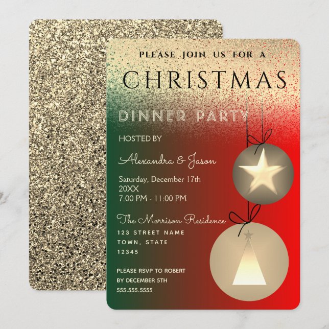 Invitation Noël Fête Rouge Vert et Or Parties scintillant (Devant / Derrière)