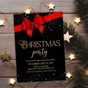 Invitation Noël Fête Ruban Rouge Noir et Paillettes Dorées