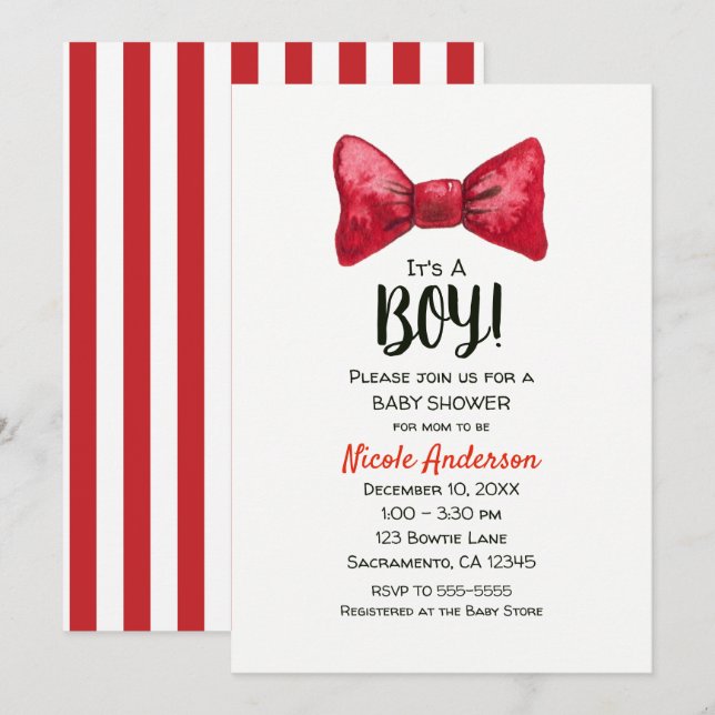 Invitation Noël Fêtes Red Bow Cravate Baby shower garçon (Devant / Derrière)