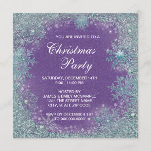 Invitation Noël Flocon de Neige Bleu Sarcelle Violet Lavande